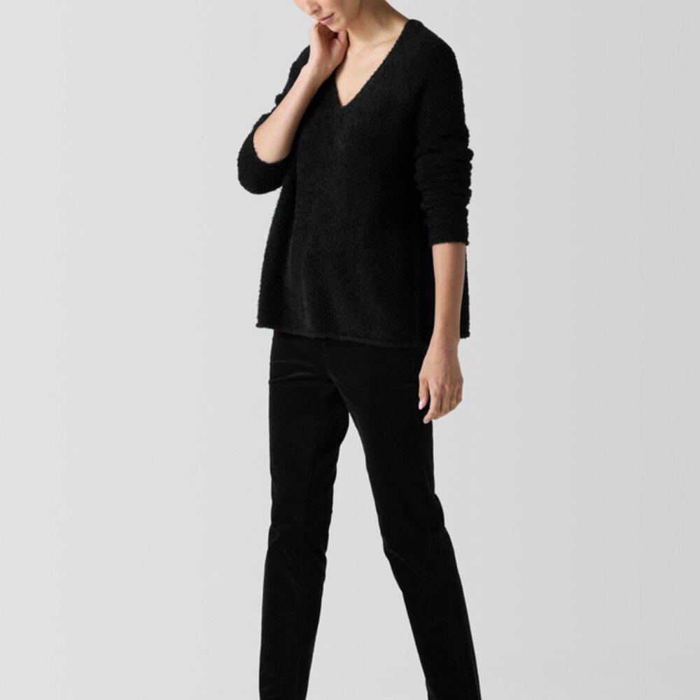 NWT Eileen Fisher PINE Organic Cotton Eyelash V-Neck Sweater